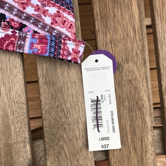 Colorful triangle style bikini top by Arizona Jean Co. removable pads Sz L - Picture 5 of 7